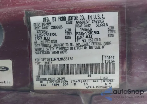 1990 Ford F150 from USA, damaged, VIN 1FTDF15N7LNA33126